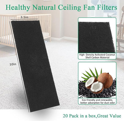20 Pcs Ceiling Fan Filters for Blades, Fan Air Purifier Pads with Activated Coconut Shell Carbon, Universal Easy Stick Ceiling Fans Filter Fit for Common Household Office Contaminants