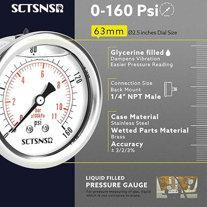 2-1/2" Dial Size, 0-160 Psi Pressure Gauge, Glycerin Liquid Filled, 1/4" NPT Back Mount, Stainless Steel Case, for Air Compressor, Well Pump, Water, RV, Tire, CO2, Pipe, Gas, Pressure Test