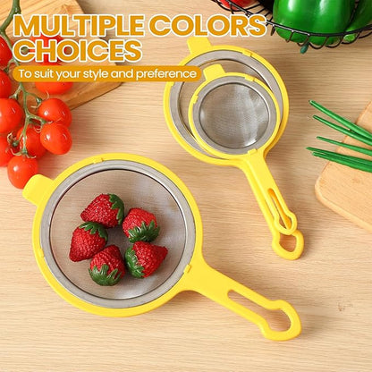 LemonRoad Set of 3 Stainless Steel Mesh Strainer 304 Fine Mesh Filters with Ergonomic Handles and Hanging Ears for Oil Filter Skimming Grease and Foam (Yellow)