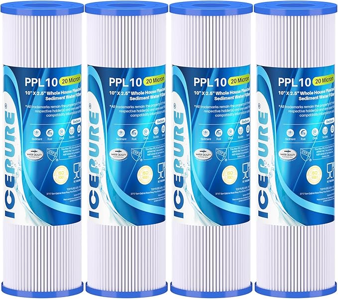 ICEPURE 20 Micron 10" x 2.5" Pleated Sediment Cartridge Replacement Universal Whole House Pre-Filter Compatible with R50, Dupont WFPFC3002, Whirlpool WHKF-WHPL, GE FXWPC, Any 10 inch RO Unit, 4PACK