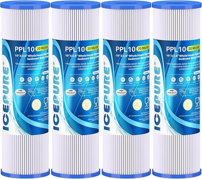 ICEPURE 20 Micron 10" x 2.5" Pleated Sediment Cartridge Replacement Universal Whole House Pre-Filter Compatible with R50, Dupont WFPFC3002, Whirlpool WHKF-WHPL, GE FXWPC, Any 10 inch RO Unit, 4PACK