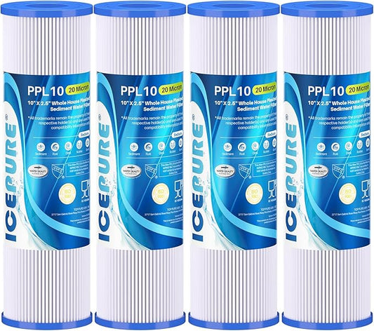 ICEPURE 20 Micron 10" x 2.5" Pleated Sediment Cartridge Replacement Universal Whole House Pre-Filter Compatible with R50, Dupont WFPFC3002, Whirlpool WHKF-WHPL, GE FXWPC, Any 10 inch RO Unit, 4PACK