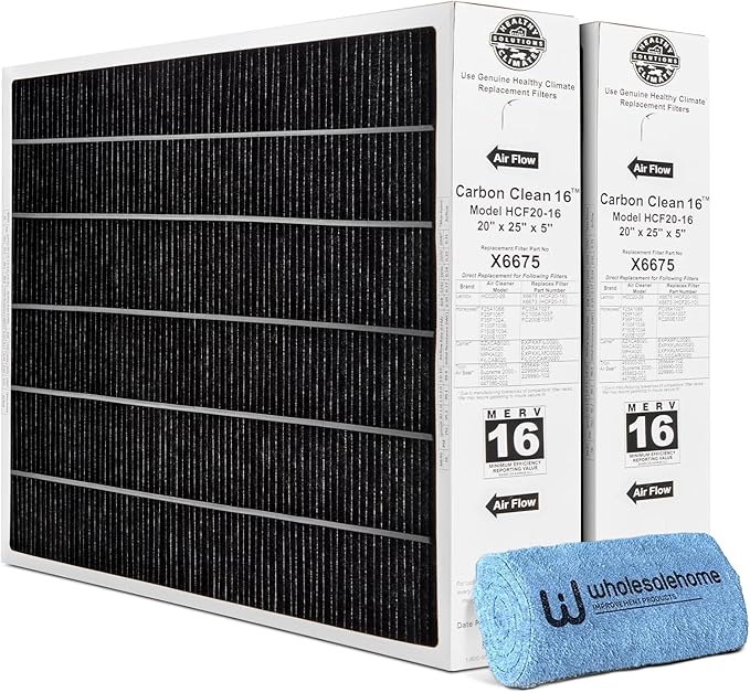 Lennox X6675 20x25x5 Air Filter, Lennox Healthy Climate Carbon Clean Merv 16 Home Furnace Filter for HVAC system 2 Pack with Cleaning Cloth