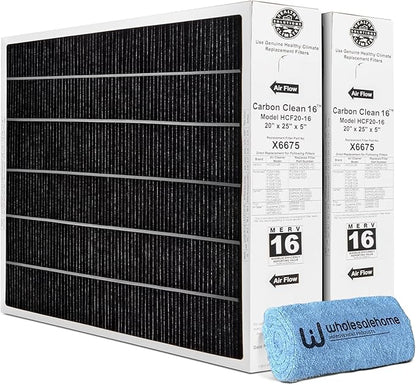 Lennox X6675 20x25x5 Air Filter, Lennox Healthy Climate Carbon Clean Merv 16 Home Furnace Filter for HVAC system 2 Pack with Cleaning Cloth