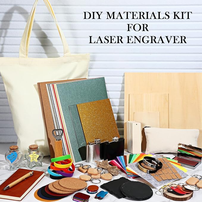 Dunzoom 257 Pcs Laser Material Kit Laser Engraving Materials Including Acrylic, Metal, Wood, Fabric, PU Leather, Glass, Rock, Rubber Materials for Laser Engravers and Laser Cutters