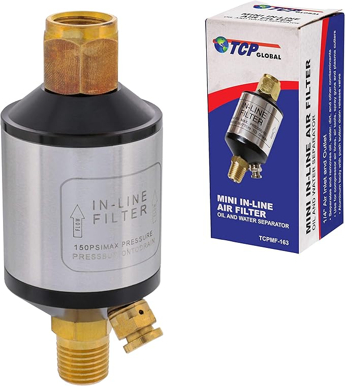 TCP Global Mini In-Line Air Filter, Oil and Water Separator - Aluminum Body, Drain Valve, Water Trap, Air Dryer Removes Moisture, Dirt, For Compressor Air Line Hose, Air Tool, Spray Gun, Plasma Cutter