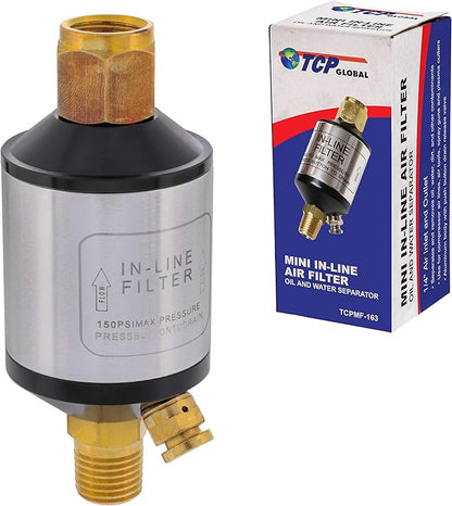 TCP Global Mini In-Line Air Filter, Oil and Water Separator - Aluminum Body, Drain Valve, Water Trap, Air Dryer Removes Moisture, Dirt, For Compressor Air Line Hose, Air Tool, Spray Gun, Plasma Cutter