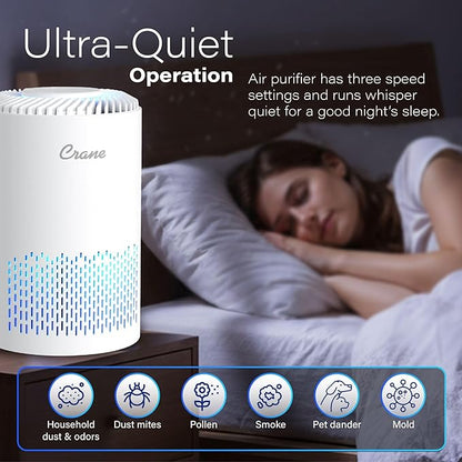 Crane True HEPA Air Purifier for Home, Bedroom, and Dorm Room, Up To 150 Sq Ft Small Air Purifier for Dust, Smoke, Dander, Bedroom Essentials, Features 4-8 Hour Timer, Night Light, Aroma Tray