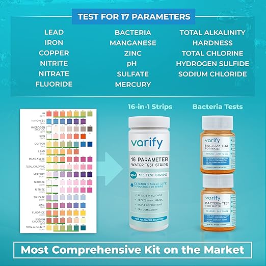 Varify 17in1 Complete Drinking Water Test Kit - 100 Strips + 2 Bacteria Tester Kits - Well, Tap, Home, City Water Testing Strip for Lead, Alkaline, Chlorine, Hardness, Iron, Fluoride, Copper & More
