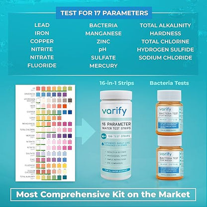 Varify 17in1 Complete Drinking Water Test Kit - 100 Strips + 2 Bacteria Tester Kits - Well, Tap, Home, City Water Testing Strip for Lead, Alkaline, Chlorine, Hardness, Iron, Fluoride, Copper & More