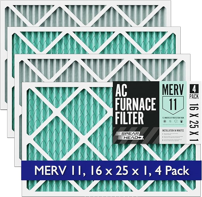 Spearhead [16x25x1, 4-PK] MERV 11+ EPA-Registered Odor Defense HVAC AC Furnace Filter w/Rigid Frame, Clog-Free Design, Verified Efficiency & Quiet Filtration