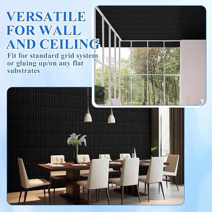 Nuanchu 90 Pcs 3D Slat Wall Panels, 12"x12" PVC Fluted Wall Paneling for Interior Decor, Paintable Waterproof Textured Tiles for Living Room TV Background Gaming Room, 32 Sq. ft Coverage (Black)