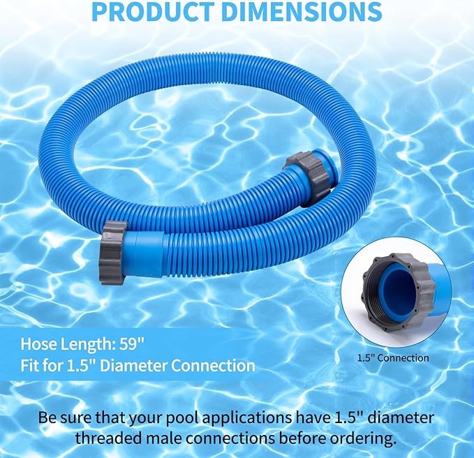 2-Pack 1.5 Inch Pool Pump Hose Replacement for Above Ground Pools, 59" Long Flexible PE Pool Filter Hose for Most 1.5 Inch Diameter Sand Filters & Saltwater Systems Includes 4 Washers (Blue)