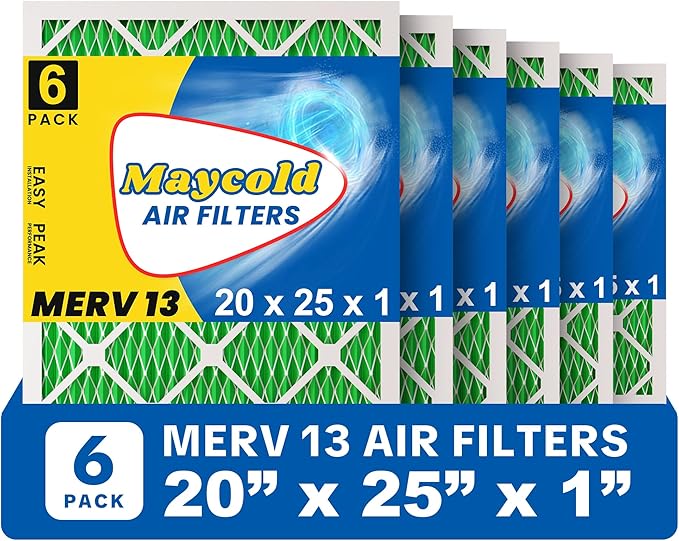 Maycold MERV 13 20x25x1 Air Filter (6-Pack), High-Efficiency Pleated AC & Furnace Filters, Actual Size: 19.70" x 24.70" x 0.75", Individually Wrapped in Plastic