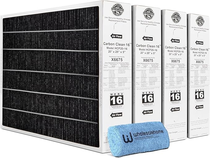 Lennox Healthy Climate Lennox X6675 20x25x5 Air Filter, Healthy Climate Carbon Clean Merv 16 Home Furnace Filter for HVAC system 4 Pack with Wholesalehome Cleaning Cloth