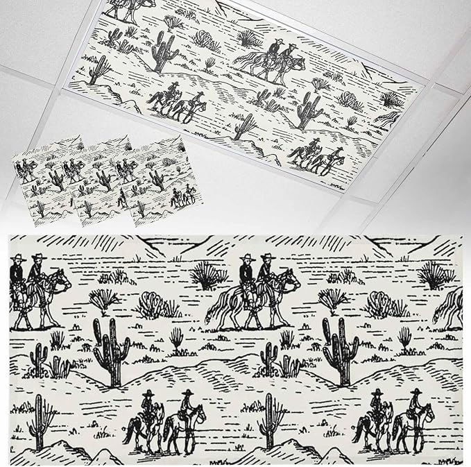3 Pack Fluorescent Light Cover, Western Cowboys Light Covers for Ceiling Lights, Vintage Desert Canyon Cactus Horseshoe Magnetic Lights Filters Ceiling Shade for Classroom/Office - 4 x 2 Feet