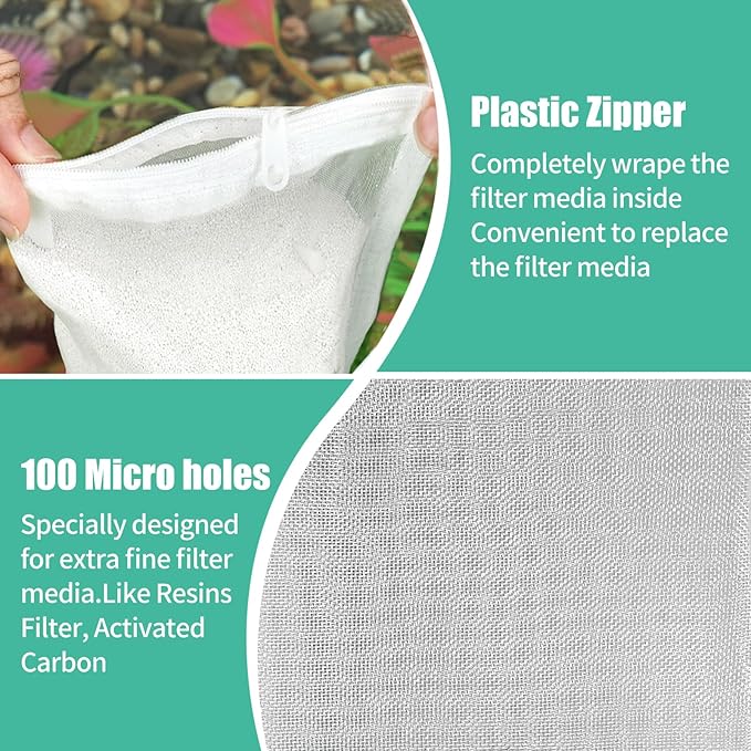 AQUANEAT Aquarium Filter Media Bags 15pcs Fish Tank Extra Fine 100 Micron Mesh Bags with Plastic Zipper for Activated Carbon (5.5" x 8")