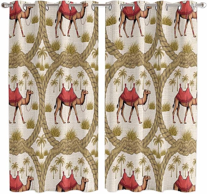 2 Panel Kitchen Cafe Curtains, Camels Palm Trees Sunlight Filtering Nature Air Through, Window Decor Tier Curtains for Living Room 80W x 63L inch Desert Date Coconut Trees Leaves Cords Beige