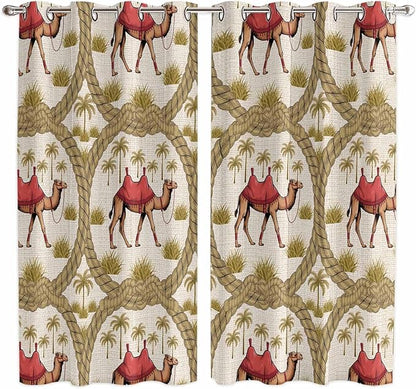 2 Panel Kitchen Cafe Curtains, Camels Palm Trees Sunlight Filtering Nature Air Through, Window Decor Tier Curtains for Living Room 80W x 63L inch Desert Date Coconut Trees Leaves Cords Beige