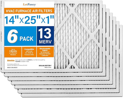LotFancy 14x25x1 Air Filter MERV 13 6-Pack, Electrostatic Pleated HVAC Furnace Air Filter, Captures Pet Dander Smog Smoke, Actual Size: 13.75"x24.75"x0.75"