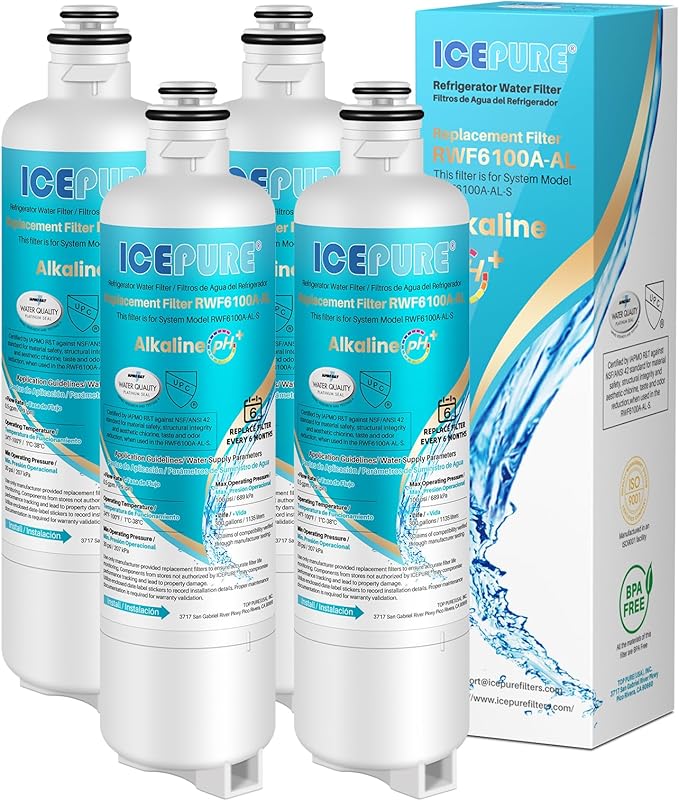 ICEPURE Alkaline BORPLFTR50 Refrigerator Water Filter Replacement for Bosch Ultra Clarity Pro 11032531, 12033030, BORPLFTR55, 12028325, 11025825, B36CT80SNS, WFC100MF, WFS200MF, Enhances PH, 4Pack