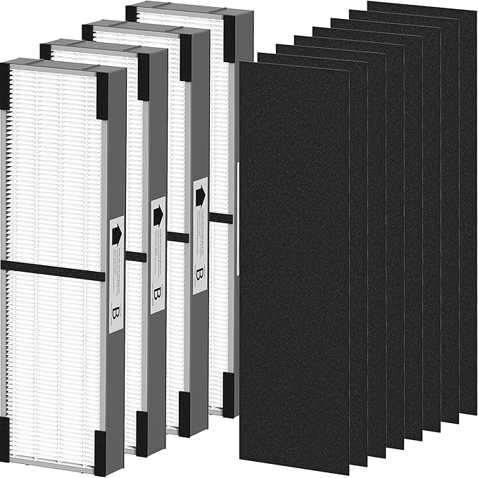 4 Pack FLT4825SM HEPA Filter B Smoke Clear Replacement Compatible with G-Guardian AC4825 AC4825E AC4825W AC4300 AC4800 AC4850 AC4900 Air Purifier, 4 True HEPA Filters & 8 Carbon Pre-Filters, Grey