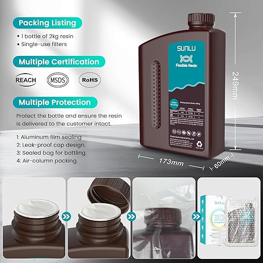 SUNLU Flexible 3D Printer Resin 2KG, 66A 3D Printing Resin for Printing Soft and Flexible Items, Bendable and Not Brittle, Fast Curing 405nm UV Photopolymer Resin. (2000G Gray)