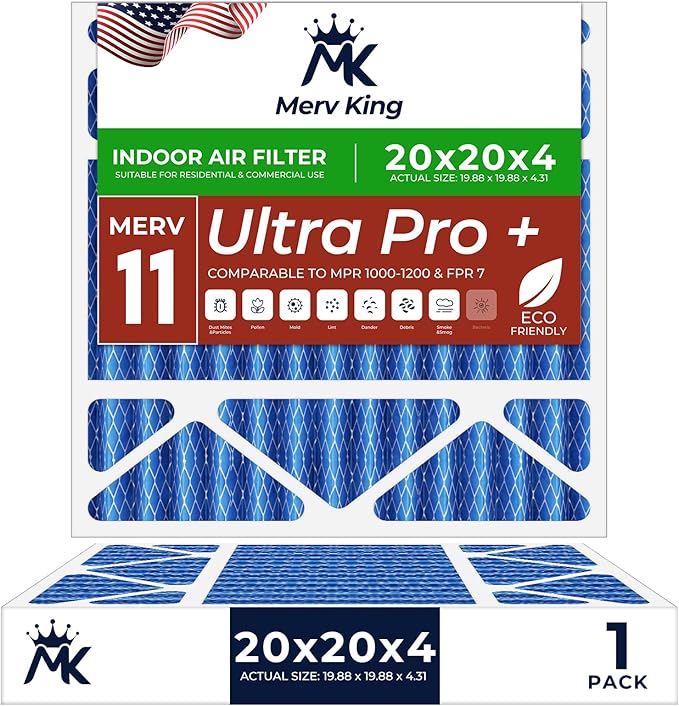 MervKing 20x20x4 Air Filter Actual Size: 19.88" x 19.88" x 4.31" MERV 11 MPR 1000-1200 | MADE IN USA | 1-Pack | Pleated HVAC AC Furnace Replacement