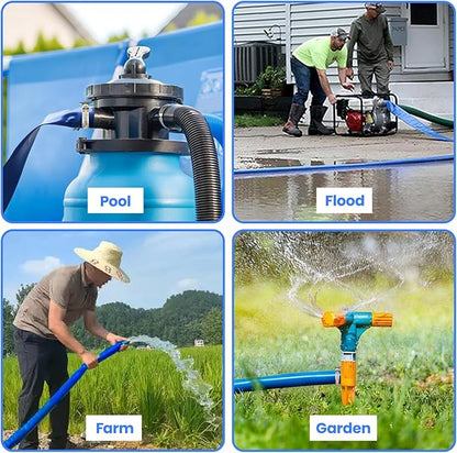 Poolvio Backwash Hose 2" x 50 ft, Blue Lay-Flat PVC Drain Hose with 2 Stainless Steel Thumb Screw Clamps, Tear-Resistant & Leak-Free for Swimming Pool Filter Cleaning, Flooded Area, Pond Draining