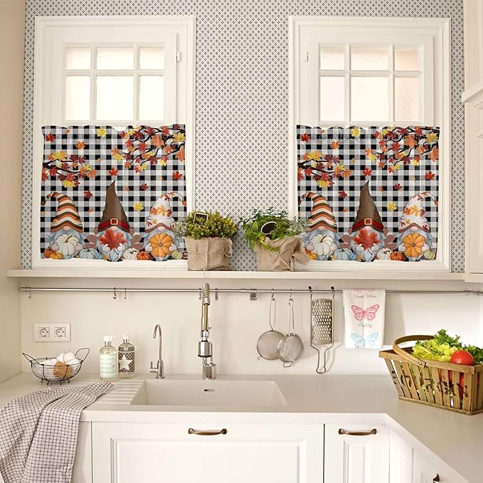 Thanksgiving Gnomes Kitchen Curtain Set, Fallen Maple Leaf Pumpkin Black Plaid Window Valance and Tiers 24" Length, Light Filtering Short Curtains Valance for Cafe Bathroom Bedroom 54"x18"
