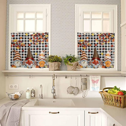 Thanksgiving Gnomes Kitchen Curtain Set, Fallen Maple Leaf Pumpkin Black Plaid Window Valance and Tiers 36" Length, Light Filtering Short Curtains Valance for Cafe Bathroom Bedroom 54"x18"