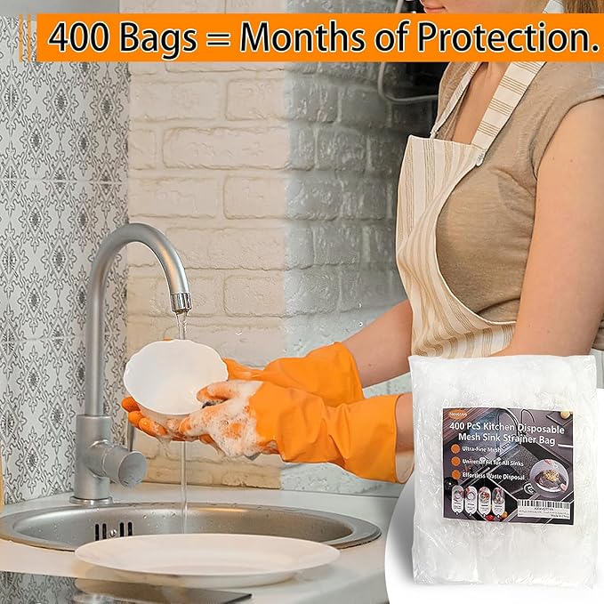 400 Pack Disposable Sink Strainer Bags – Ultra-Fine Elastic Mesh Food Catcher for Kitchen Drains, Anti-Clog Filter Nets for Leftovers, Hair & Debris, Universal Fit for Sink Strainers