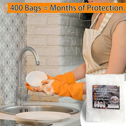400 Pack Disposable Sink Strainer Bags – Ultra-Fine Elastic Mesh Food Catcher for Kitchen Drains, Anti-Clog Filter Nets for Leftovers, Hair & Debris, Universal Fit for Sink Strainers