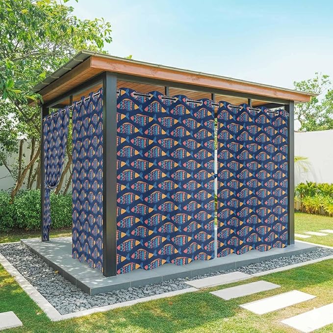 Fish Outdoor Curtains for Patio Vintage National Wind Fish Blue Waterproof Outside Curtains with Grommet Top Weatherproof Curtain for Cabana Pergola Gazebo, 2 Pack, 54" W x 108" L