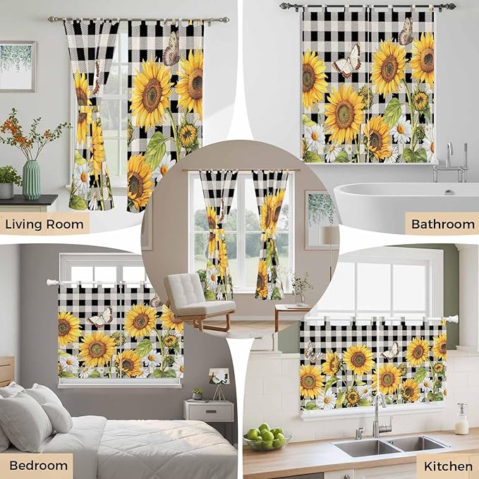 Sunflowers Bedroom Curtains 72 Inch Length, Window Curtains Tab Top, Yellow Flowers Butterfly Farmhouse Black Plaid Light Filtering Window Treatments Drapes 52"x72" 2 Panel