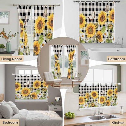 Sunflowers Living Room Curtains 84 Inch Length, Window Curtains Tab Top, Yellow Flowers Butterfly Farmhouse Black Plaid Light Filtering Window Treatments Drapes 42"x84" 2 Panel