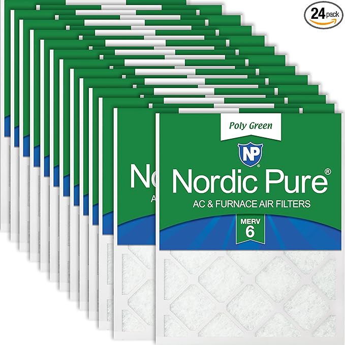 Nordic Pure 18x18x1 (Actual Size: 17 3/4 x 17 3/4 x 3/4) Poly Green MERV 6 AC Furnace Air Filters – Reduces Dust, Pollen, Pet Dander & Allergens – 24-Pack