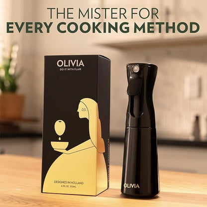 FLAIROSOL OLIVIA SIGNATURE Advanced Kitchen Oil Sprayer Technology, Continuous Fine Mist with Portion Control, Reusable Glass Olive Oil Spray Bottle, Anti-Drip & Leakproof, Black 200ml