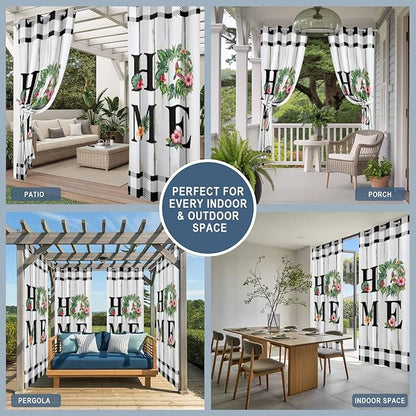 Summer Outdoor Curtains for Patio Leaves Garland Plumeria Wood Buffalo Plaid Waterproof Outside Curtains with Grommet Top Weatherproof Curtain for Cabana Pergola Gazebo, 1 Panel, 54" W x 84" L