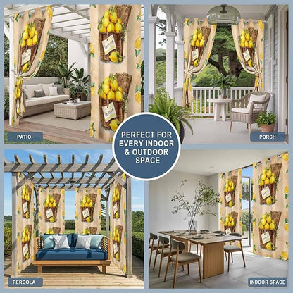 Lemon Outdoor Curtains for Patio Lemons in Baskets Summer Tropical Plant Brown Waterproof Outside Curtains with Grommet Top Weatherproof Curtain for Cabana Pergola Gazebo, 2 Pack, 54" W x 95" L