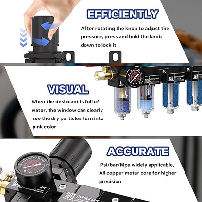 NEWPO 1/4'' NPT 4 Stage Air Drying System,Air Dryer for Compressor,5 &0.01 Micron Brass Coalescing Filter,Double Desiccant Dryer for Plasma Cutter and Paint Spray,Semi-Auto Drain (Black)