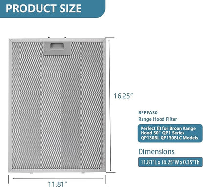 BPPFA30 Range Hood Filter 11.81" x 16.25" Replacement For Broan range hood 30 inch QP1 QP130 Series Kitchen Exhaust Fan Stove Hood Vent Filter Replaces 97017720 S97017720 1568240 AP5610518 2 Pack