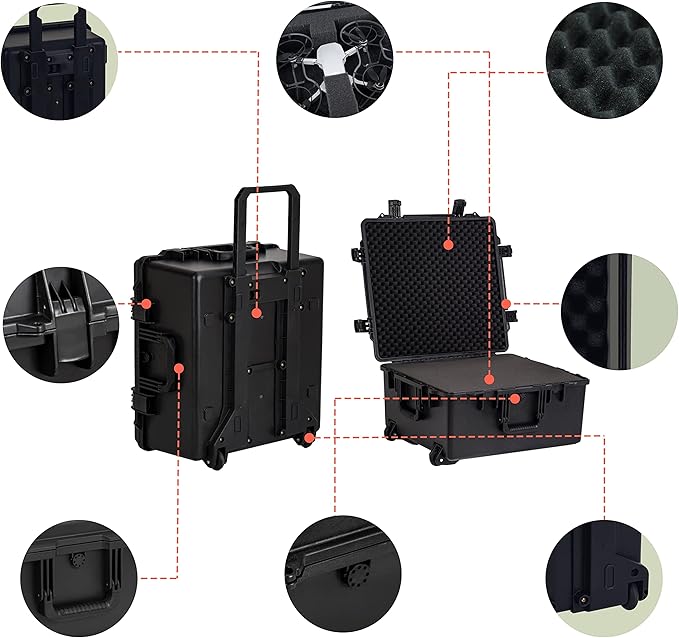 MEIJIA Portable All Weather Waterproof Hard Case, Camera Case with Customizable Fit Foam And Rolling Wheels, 24.8"X23.7"X13.17",Elegant Black