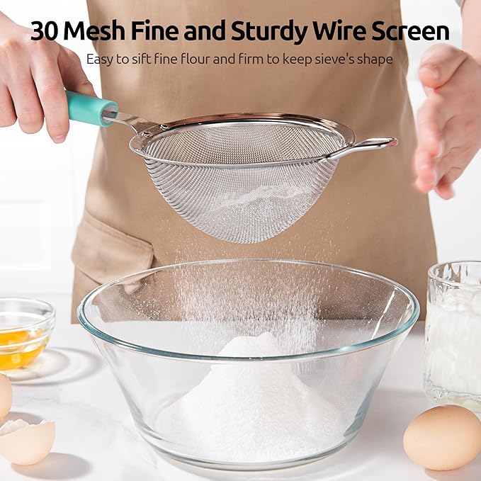 U-Taste Medium Fine Mesh Strainer: 18/8 Stainless Steel 4.73in 30 Mesh Kitchen Food Sieve with Sturdy Riveted Silicone Handle, Heavy Duty Deep Handheld Metal Colander for Rice, Quinoa, Flour(Aqua Sky)
