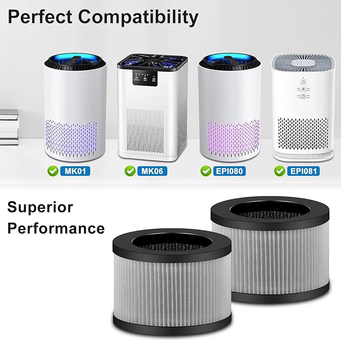 2 Pack MK01 MK06 Air Filter Replacement Compatible with Aroeve MK01 MK06, ToLife TZ-K1 and Kloudi DH-JH01 Filter, Smoke Remover Version, Grey