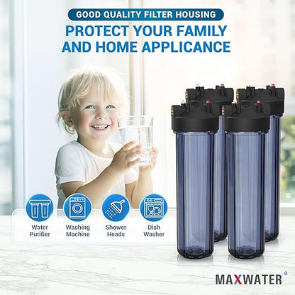 Max Water Whole House 20" x4.5" Purple Clear WH Water Filter Housing 1 inch Inlet/Outlet Ports with Pressure Gauge Wrench and Bracket (4 Housing + 2 Pressure Gauge)