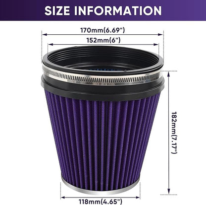 6" 152mm Cold Air Intake Filter Clamp-On Replacement High Flow Inlet Air Filter High Performance Washable Cone Filter 7" Tall Purple