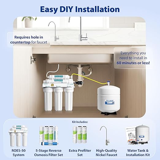 APEC Water Systems ROES-50 Essence Series Top Tier 5-Stage WQA Certified Ultra Safe Reverse Osmosis Drinking Water Filter System with Extra High Capacity Pre-Filter Set Stage 1-3