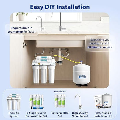 APEC Water Systems ROES-50 Essence Series Top Tier 5-Stage WQA Certified Ultra Safe Reverse Osmosis Drinking Water Filter System with Extra High Capacity Pre-Filter Set Stage 1-3