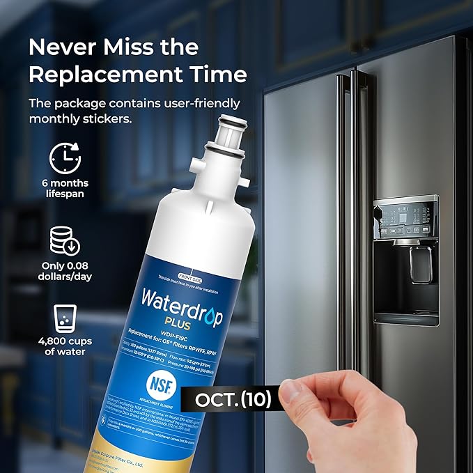 Waterdrop Plus WDP-F19C Replacement for GE® RPWFE®, RPWF (with CHIP) NSF 401 Refrigerator Water Filter, Compatible with WSG-4, GFE28GBLTS, GFE28GSKSS, PFE28KMKES, 2 Filters（Package May Vary）